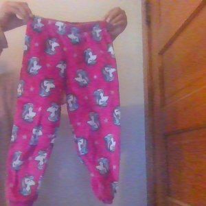 Fuzzy soft pink unicorn pajama pants.